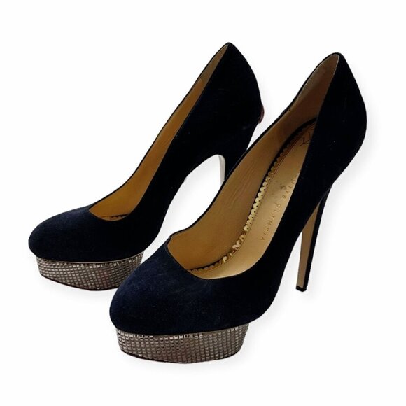Charlotte Olympia Dolly Platform Pumps with Metal Platform, 41 EU, Navy Suede - Picture 3 of 16